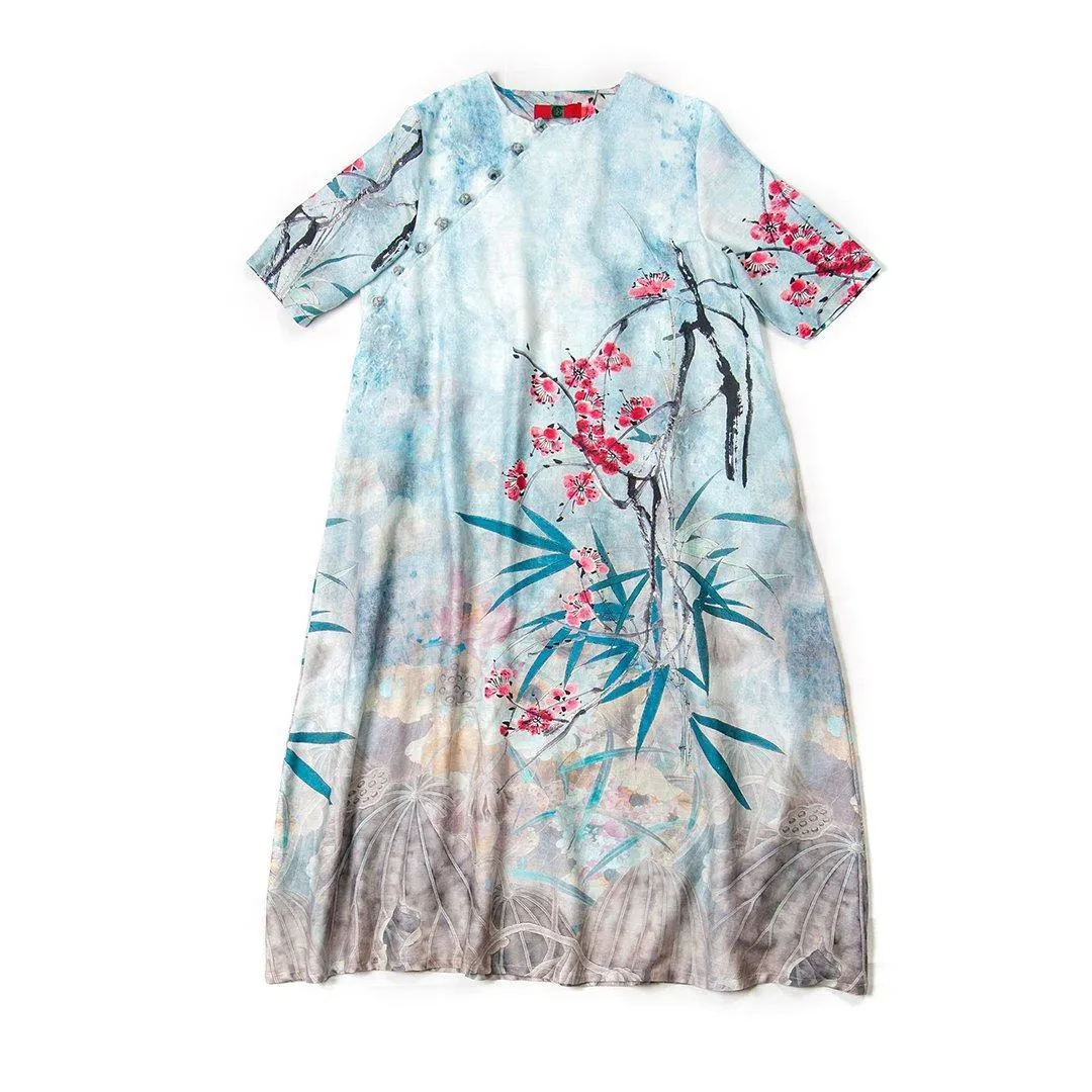 BABAKUD Retro Vintage Silk Linen Loose Dress