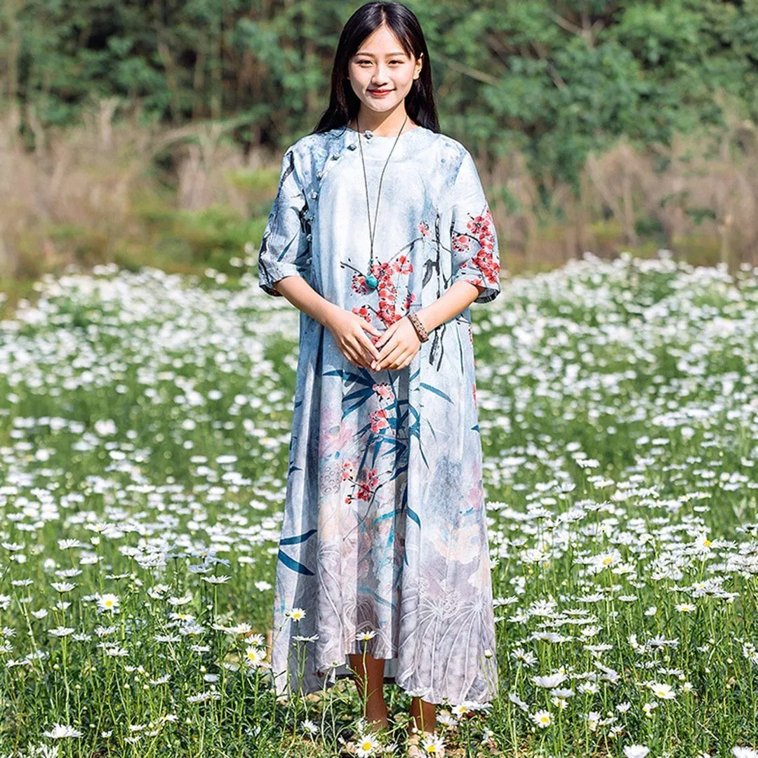 BABAKUD Retro Vintage Silk Linen Loose Dress