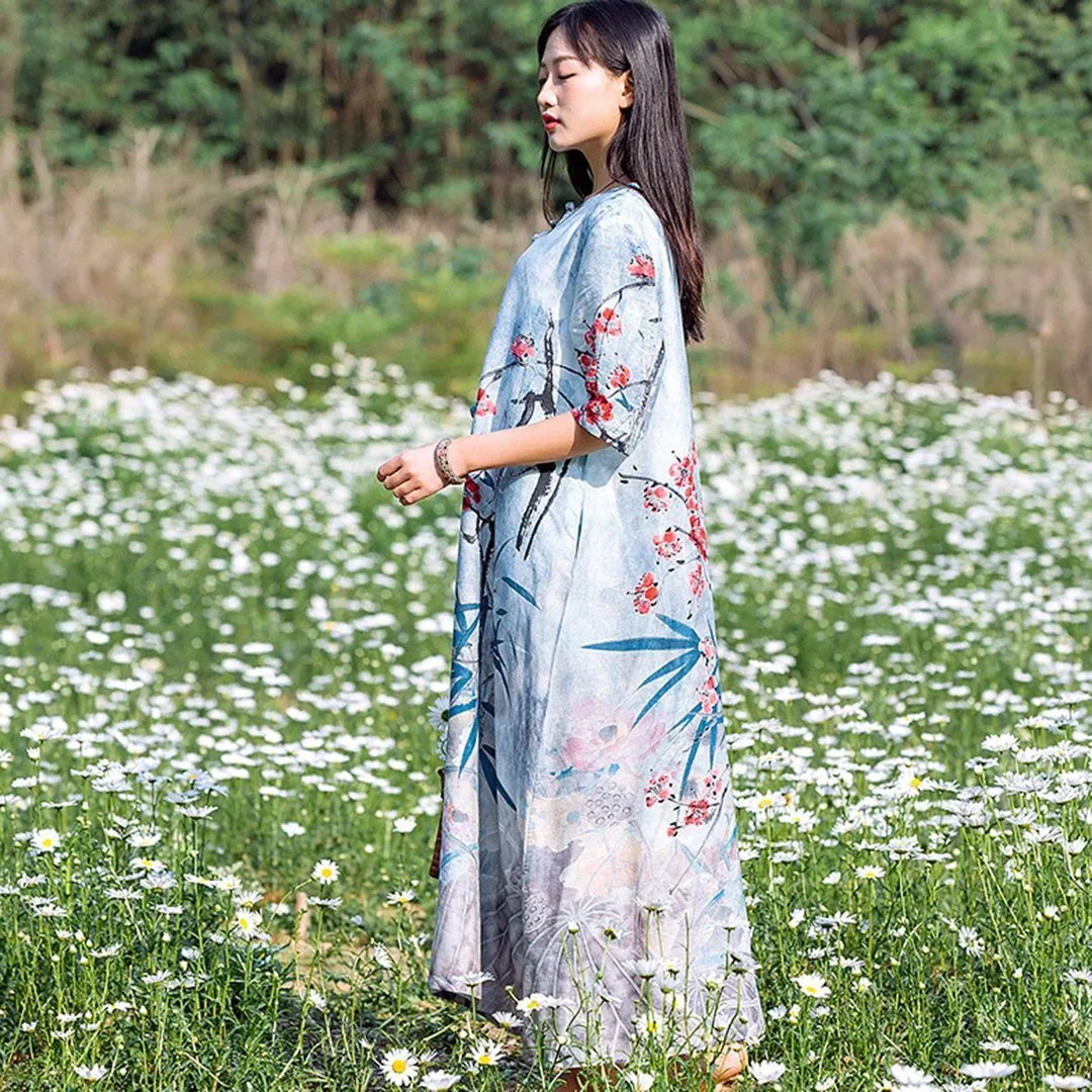 BABAKUD Retro Vintage Silk Linen Loose Dress