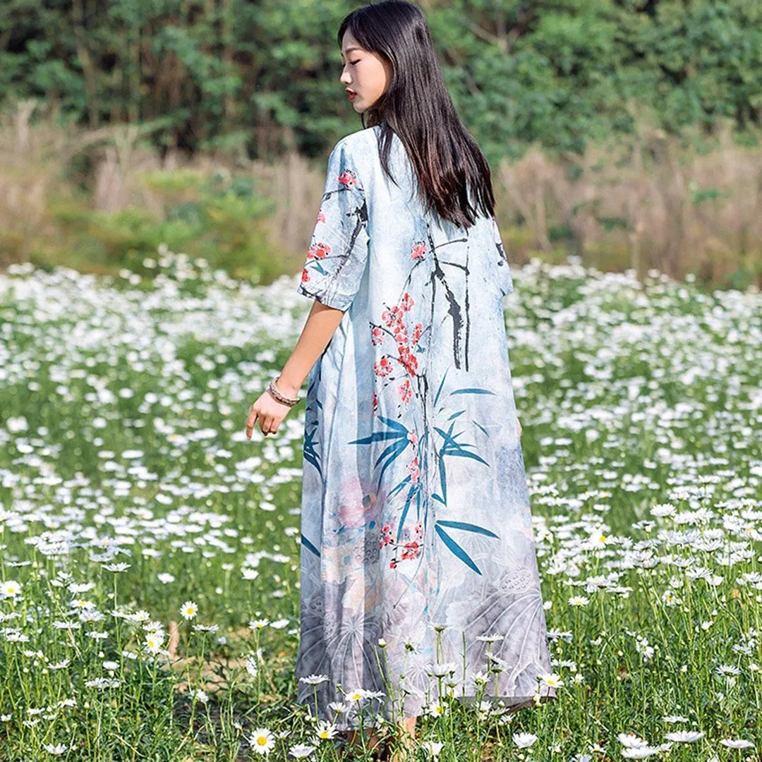 BABAKUD Retro Vintage Silk Linen Loose Dress
