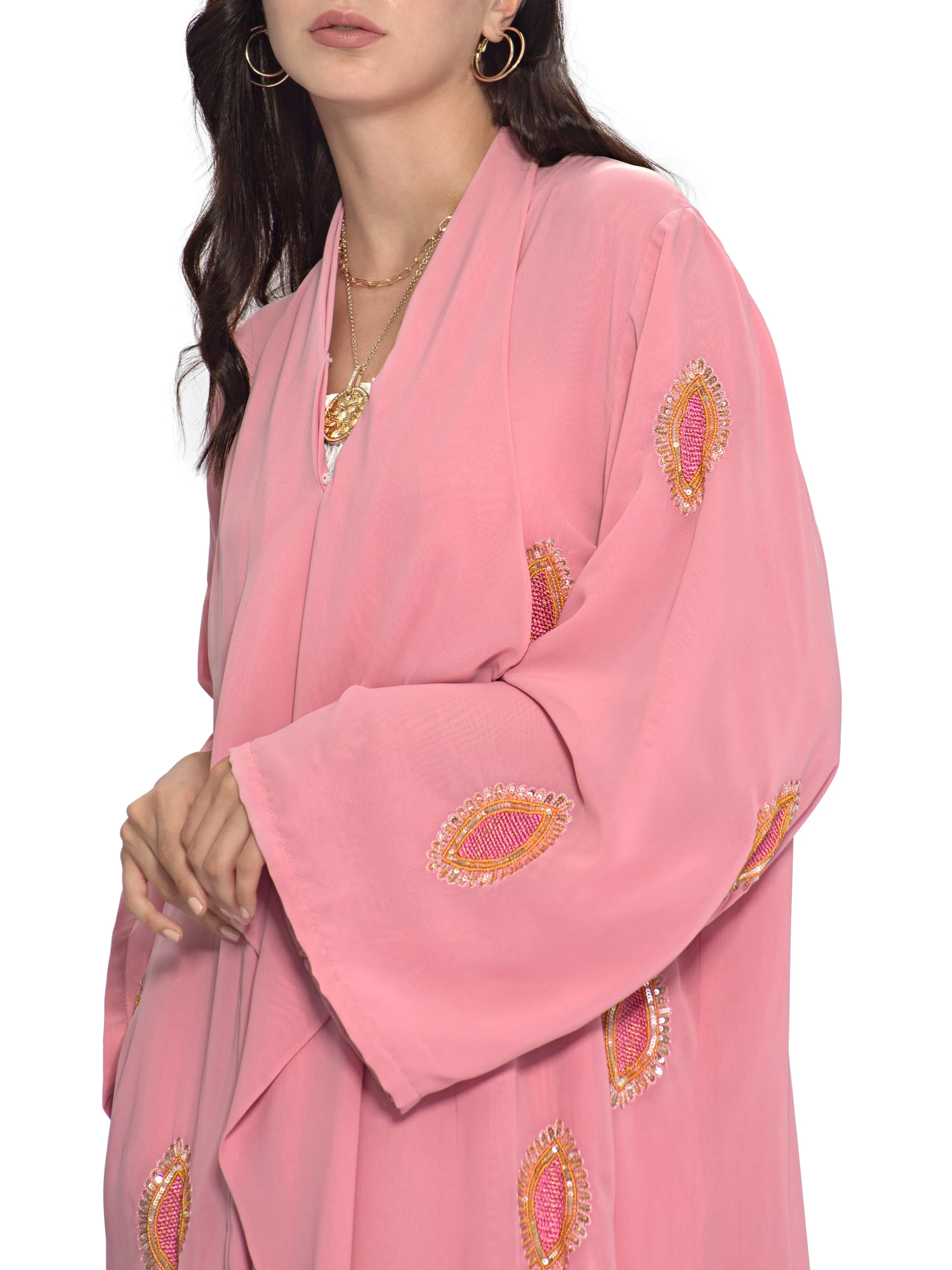 Blush All Over Embroidery With Ruffles Detail Abaya