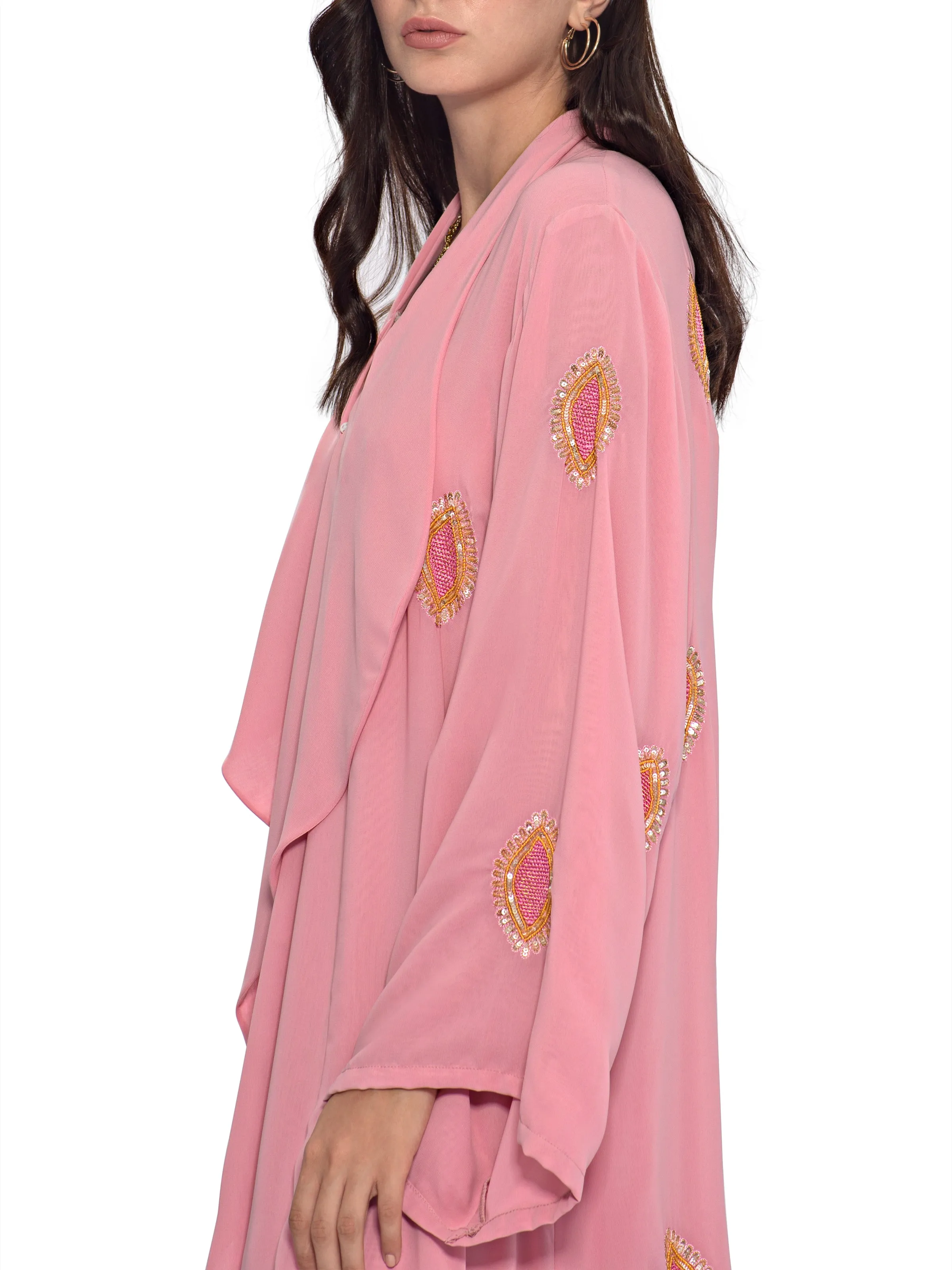 Blush All Over Embroidery With Ruffles Detail Abaya