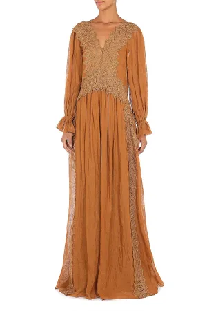 Brown Linen Dress With Lace