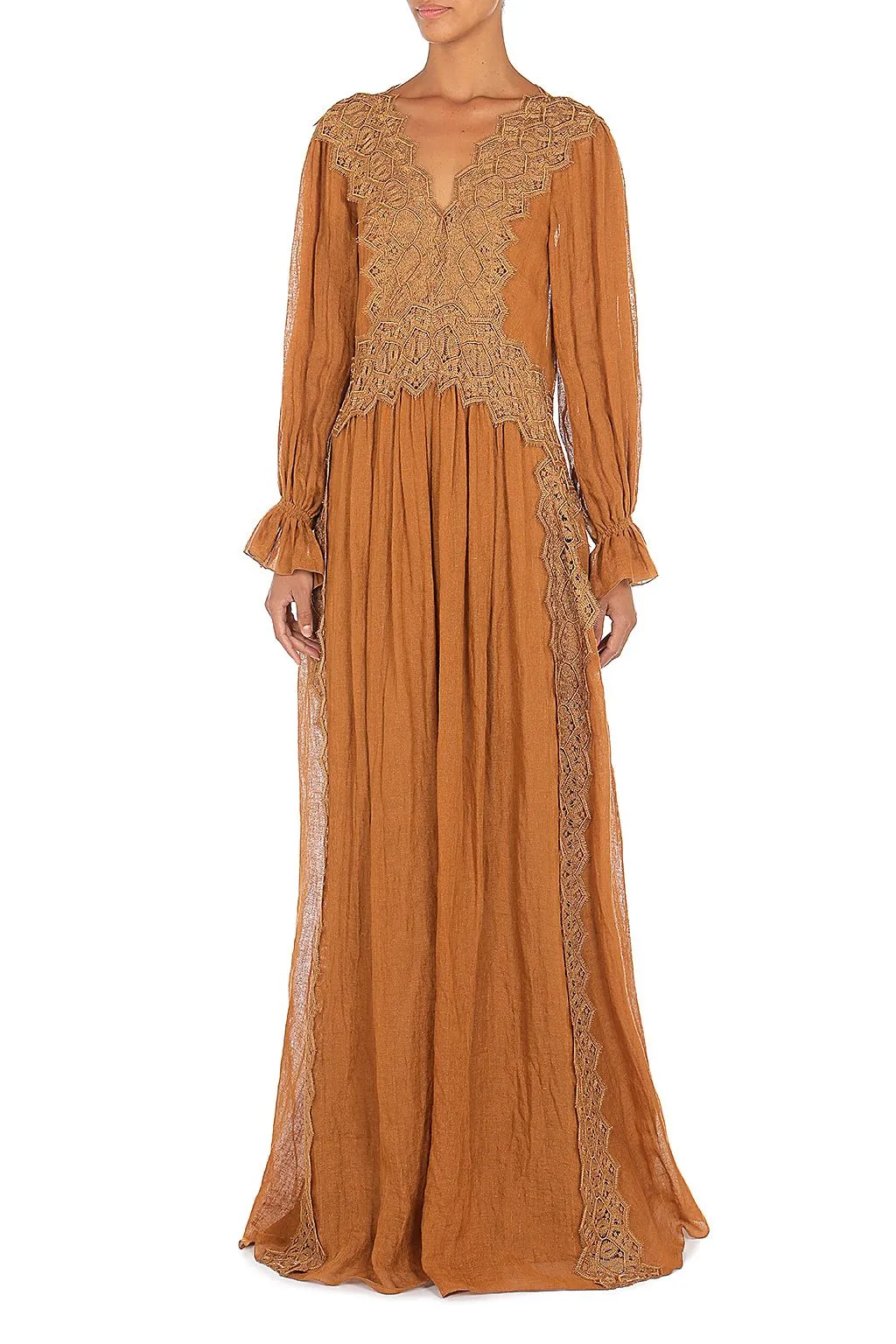 Brown Linen Dress With Lace