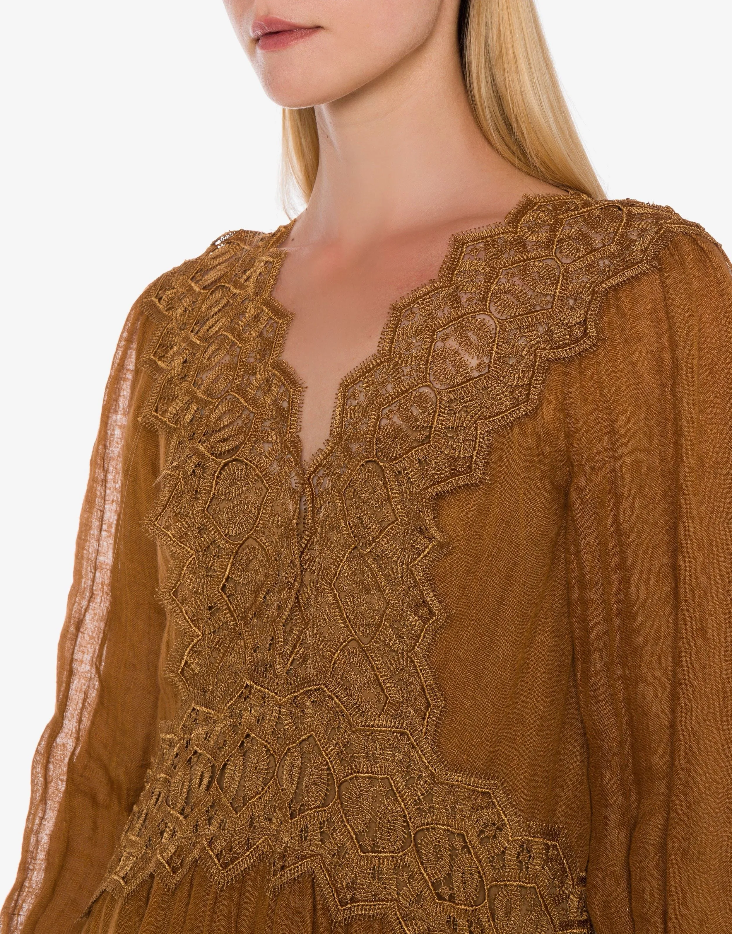Brown Linen Dress With Lace