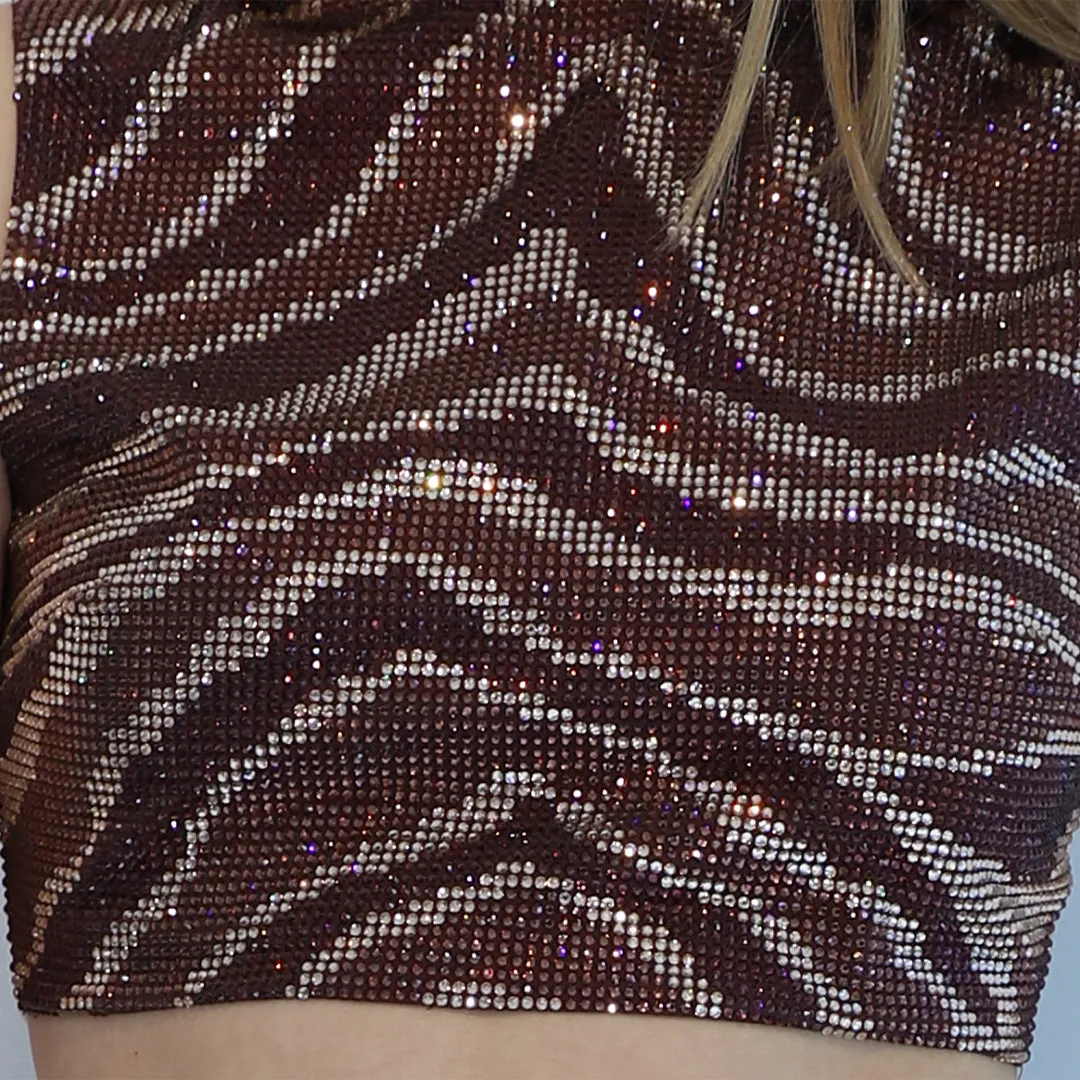 Chocolate Brown Strass Zebra Print Crop Top