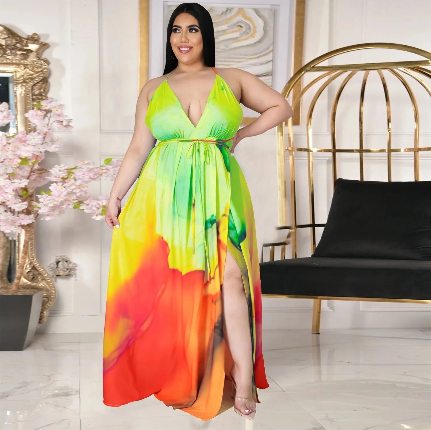 Deep V open back split gradient dress AY1136