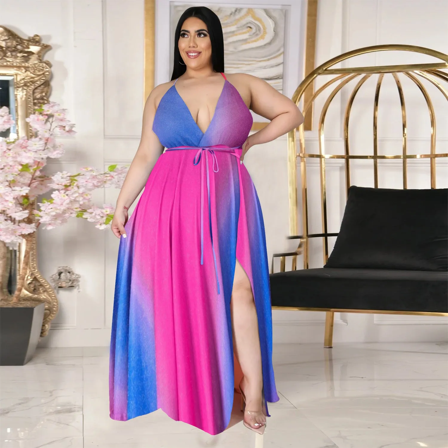 Deep V open back split gradient dress AY1136