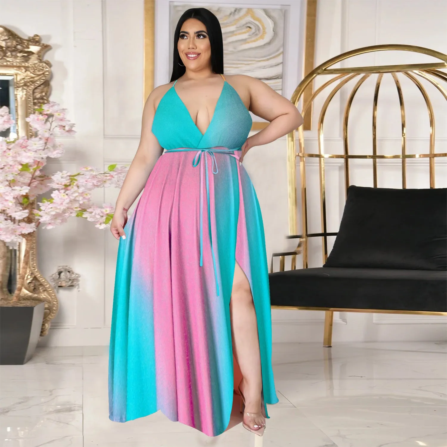 Deep V open back split gradient dress AY1136