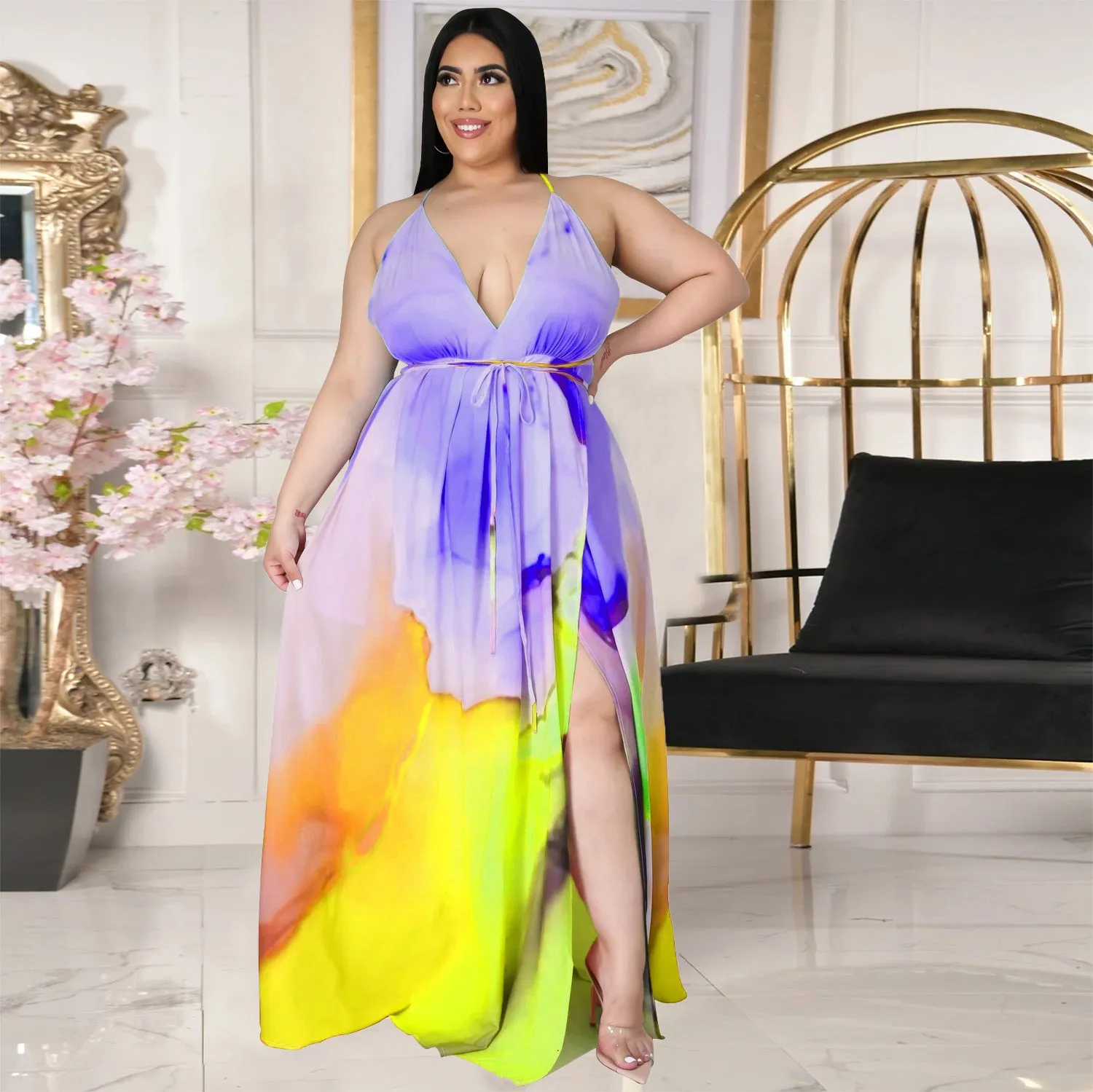 Deep V open back split gradient dress AY1136