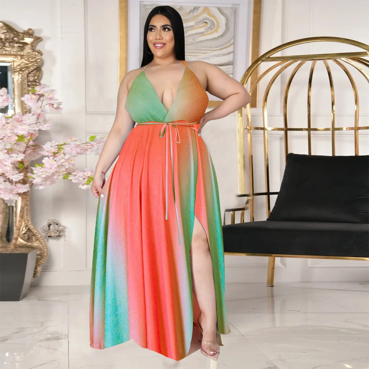 Deep V open back split gradient dress AY1136