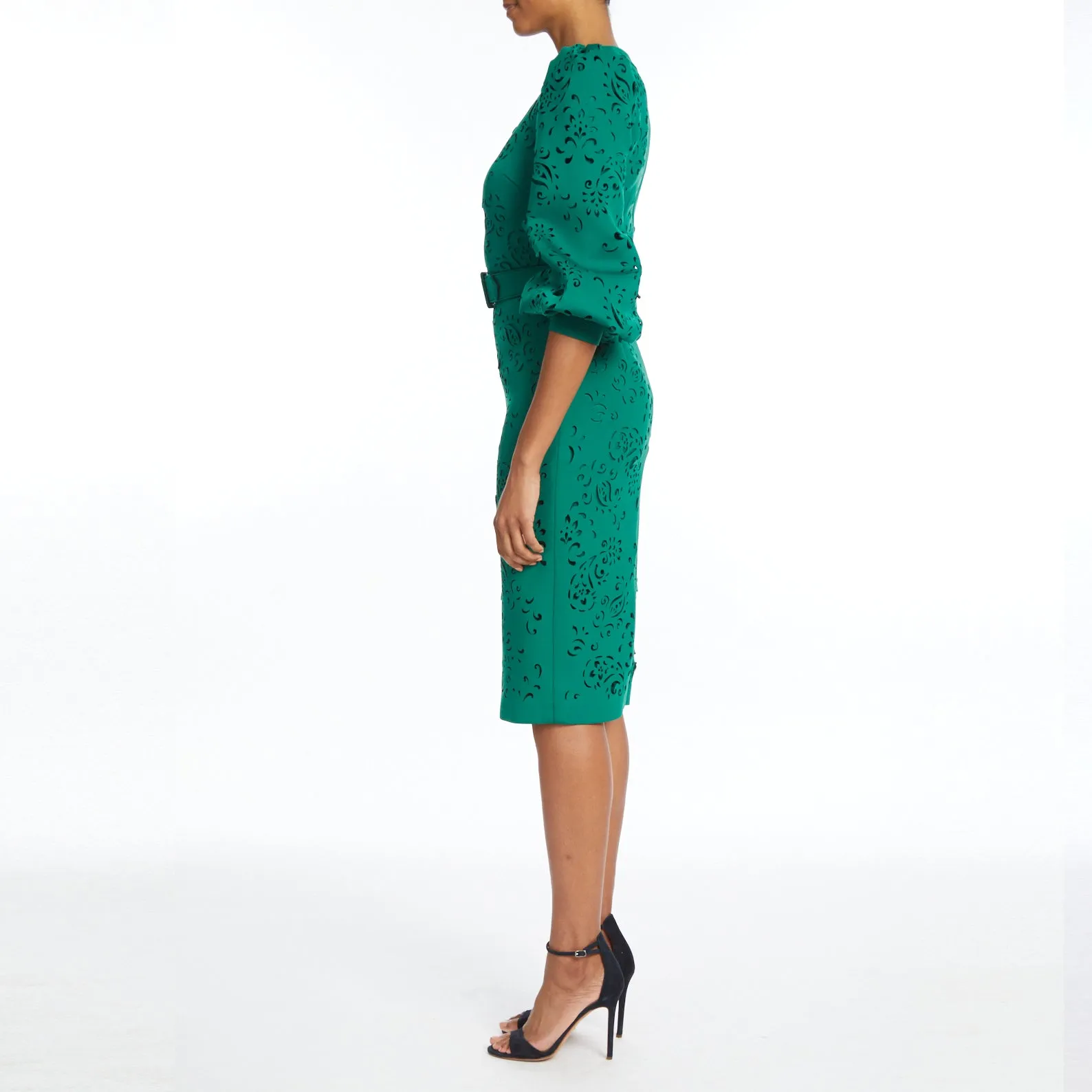 Emerald Green Puff-Shoulder, Laser-Cut Paisley Dress