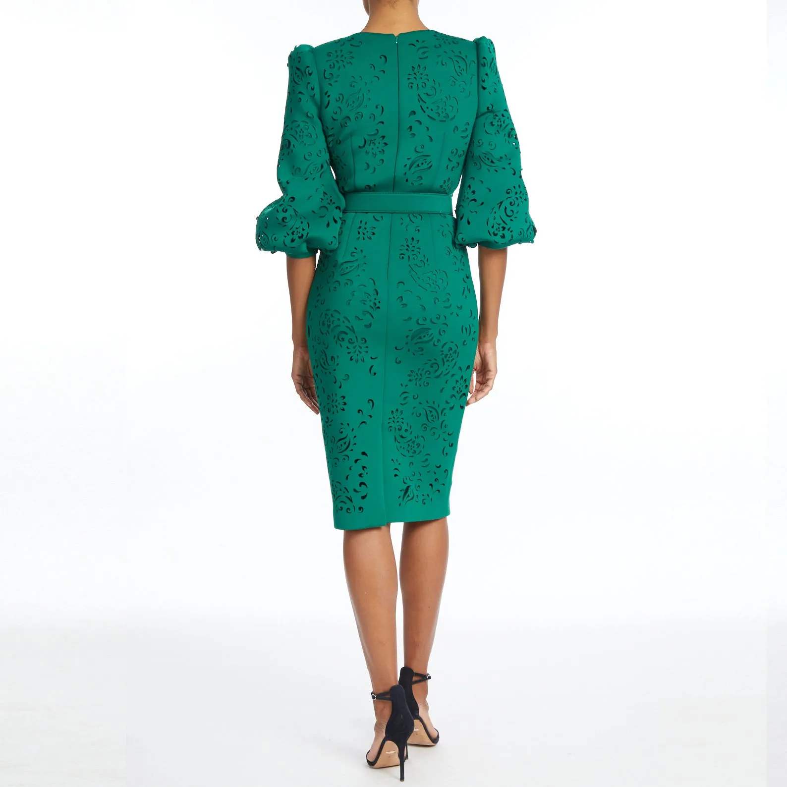 Emerald Green Puff-Shoulder, Laser-Cut Paisley Dress