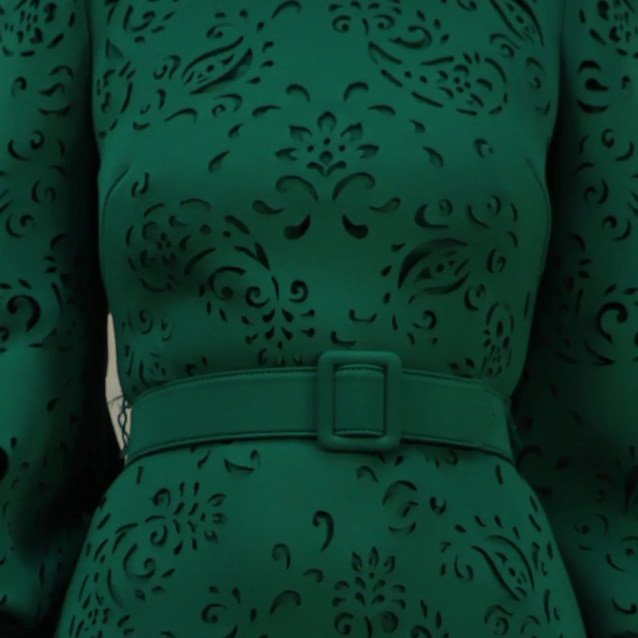 Emerald Green Puff-Shoulder, Laser-Cut Paisley Dress