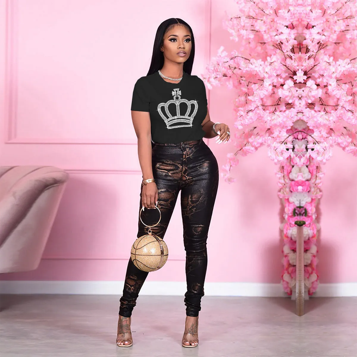 Fashion Round Neck Rhinestone Short Sleeve T-Shirt（AY1798）