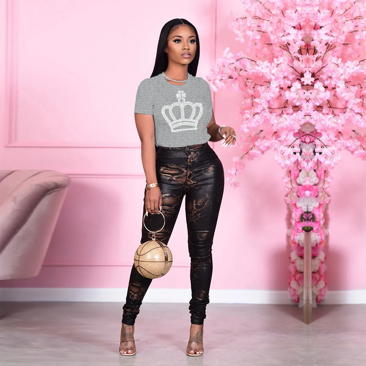 Fashion Round Neck Rhinestone Short Sleeve T-Shirt（AY1798）