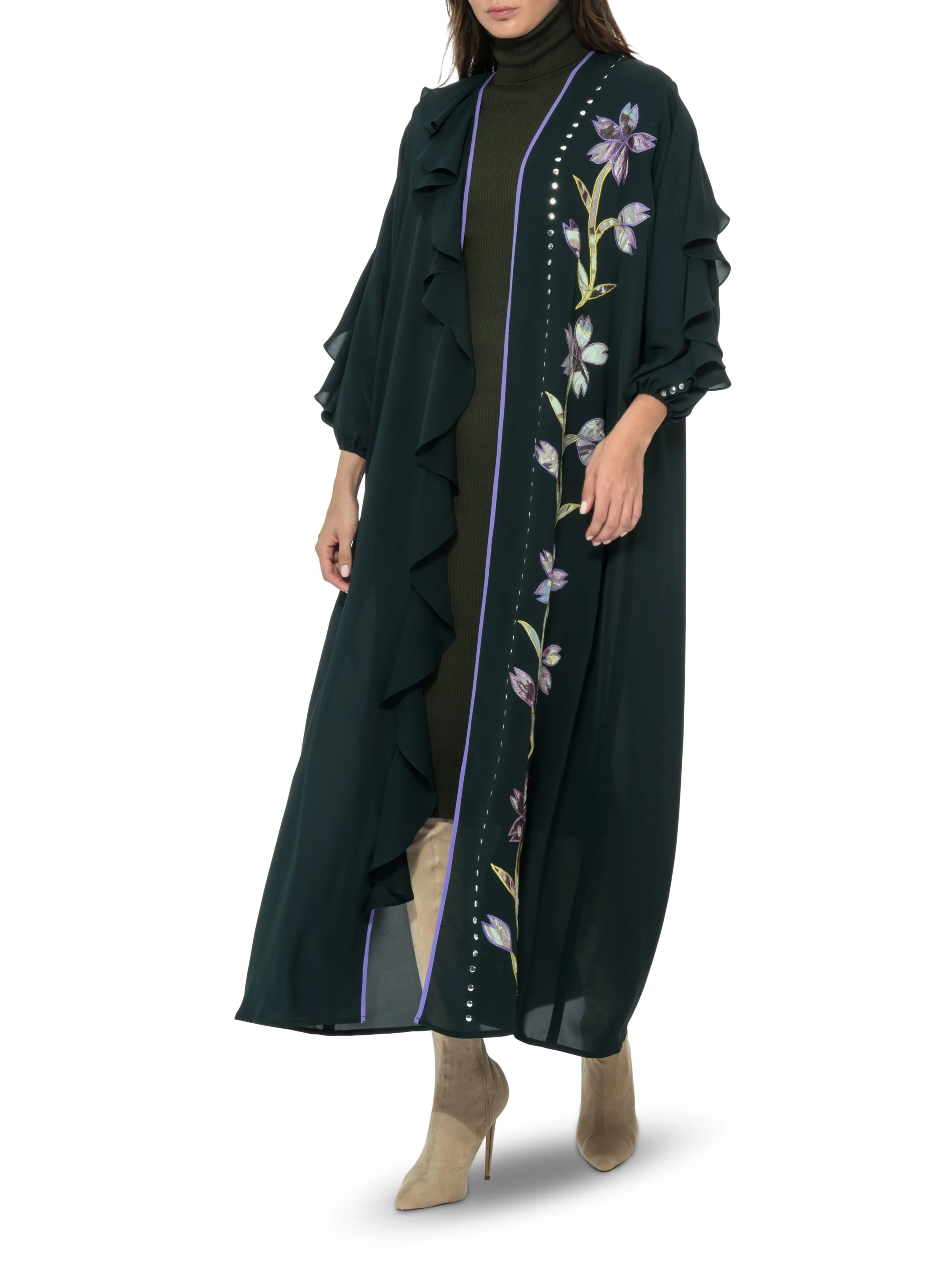 Green Frill Open Abaya