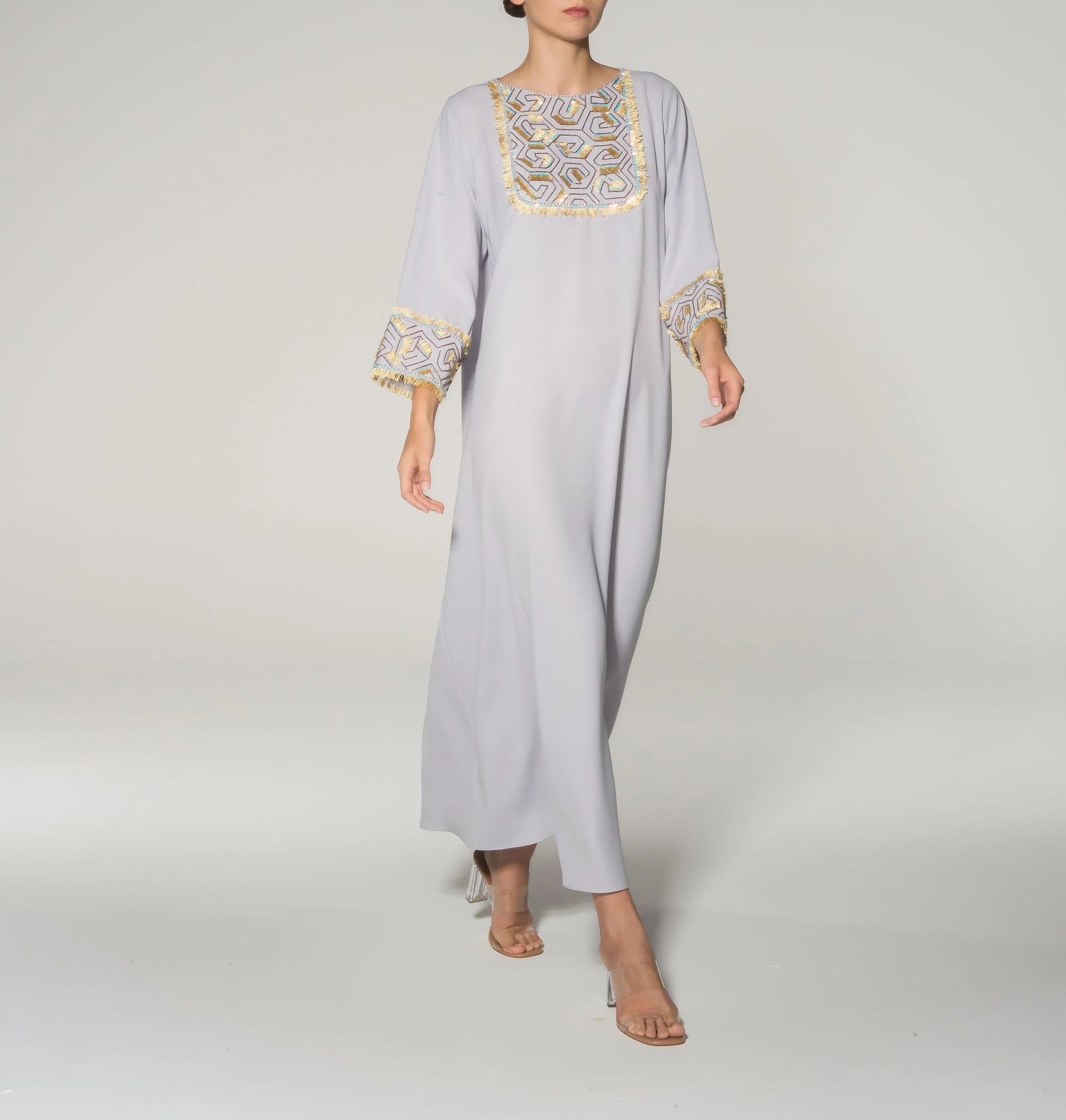 Grey Yellow Embroidery Embellishment Kaftan