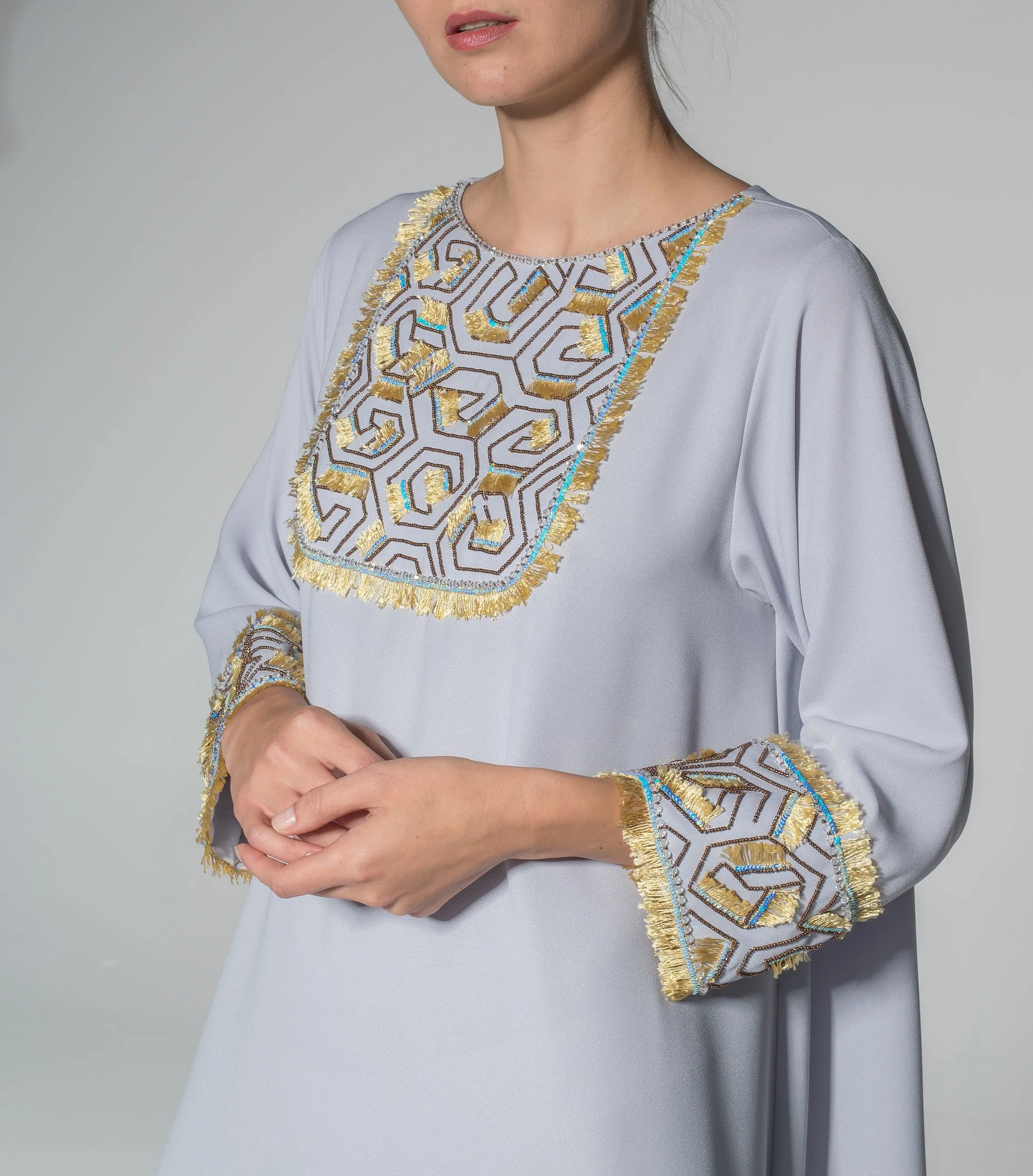 Grey Yellow Embroidery Embellishment Kaftan