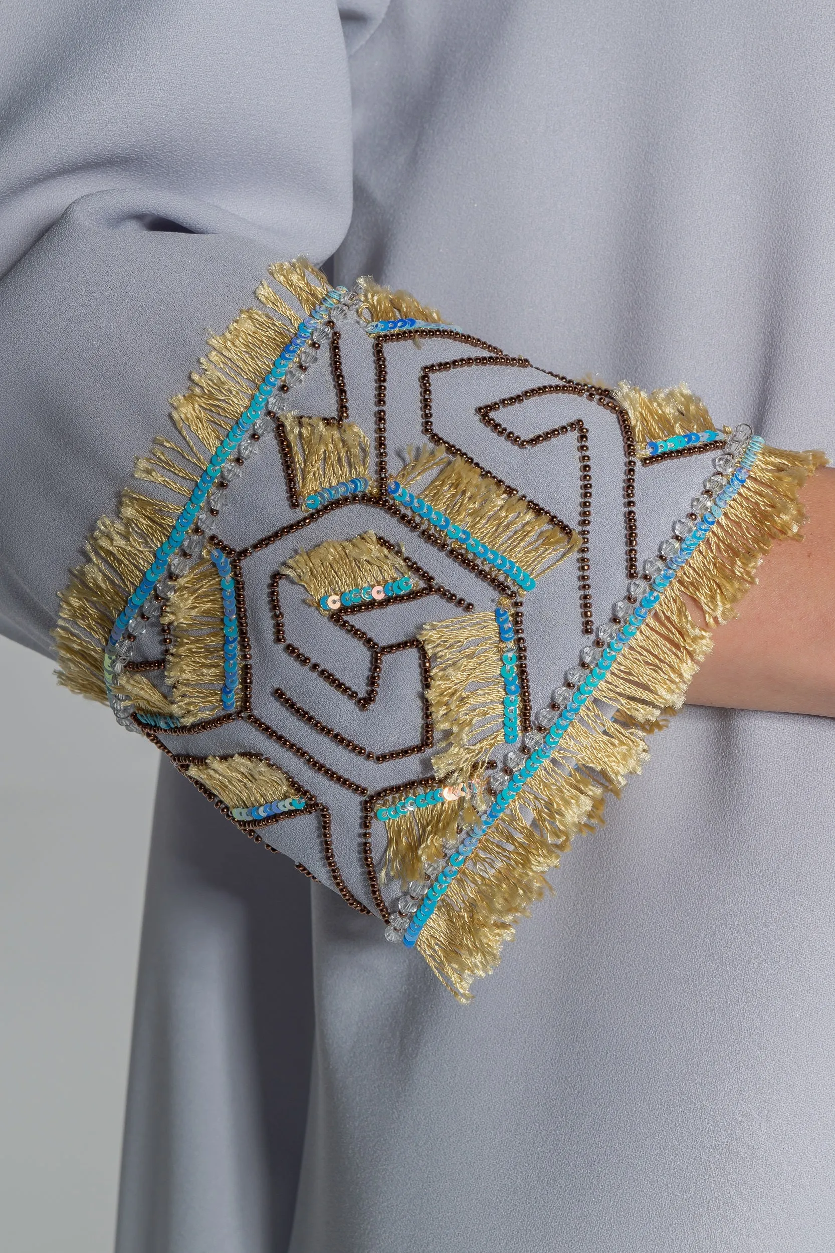 Grey Yellow Embroidery Embellishment Kaftan